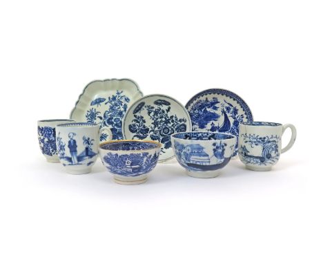 A group of English porcelain blue and white teawares, c.1765-80, including a hexagonal Worcester teapot stand and a Lowestoft