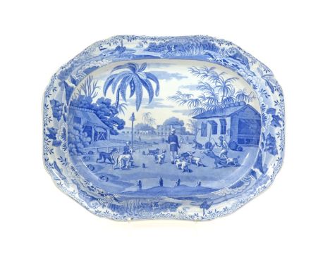A Spode blue and white transferware platter, 19th century, from the Indian Sporting Series, printed with Dooreahs Leading Out