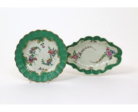 A Worcester lobed dessert dish and a plate, c.1770, decorated in the Marchioness of Huntley manner with tapering spirals of f