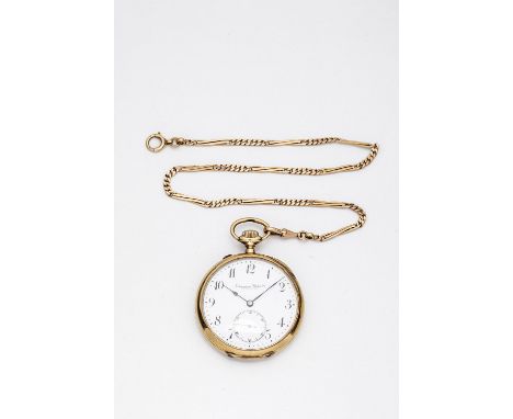 Taschenuhr mit Goldkette IWC Schaffhausen, um 1910 14 kt RG Gehäuse. Weißes Emailzifferblatt mit arabischen Zahlen, gebläuten