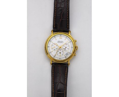 Herrenarmbanduhr mit Chronograph Zenith El Primero,  Ref. Nr. 20.0020.400 Rundes, vergoldetes Edelstahlgehäuse. Weißes Ziffer