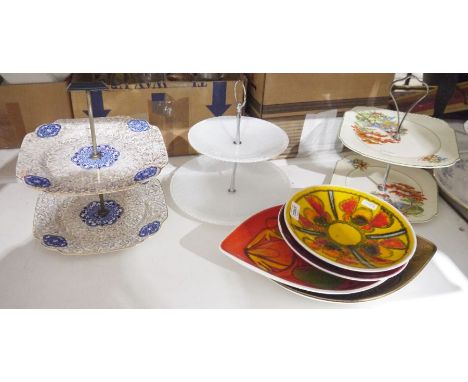 Three Poole Delphis plates, a Poole Aegian dish&nbsp;and further chinaware including cake stands&nbsp;