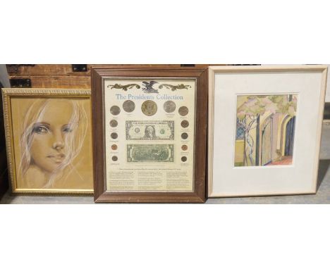 Stephanie Crisp
Watercolour drawing&nbsp;
"Who's Coming In?", 23cm x 18cm, framed&nbsp;
Framed collection of coins&nbsp;marke