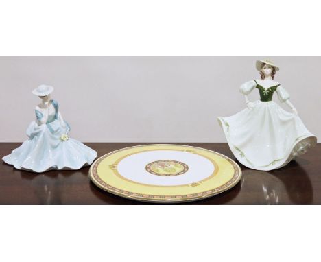 Two Coalport Ladies of Fashion figurines, one 'Hayley' and the other 'Shirley' and a Royal Worcester Versaille pattern dish&n