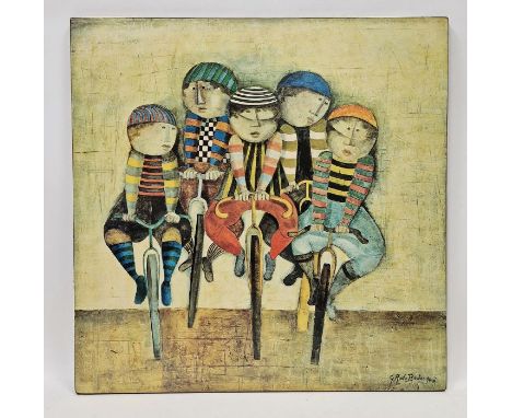 After Graciela Rodo Boulanger (b.1935)
Print on panel
"Tour de France", group of young boys on bicycles together with an orie