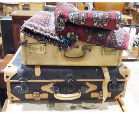 Vintage vellum suitcase&nbsp;by Christie Baggage, a small oak book trough, a runner, a suede and leather-bound suitcase, asso