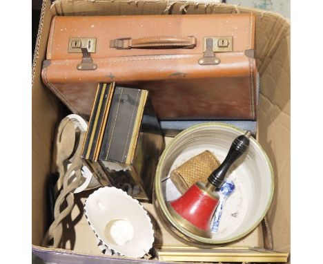 Box of assorted collectables including vintage metal cash box, fire bell, bagatelle, illuminated magnifier, etc&nbsp;
