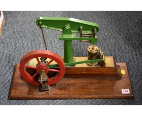 An old scratch built beam engine, on stained wood base, 51cm wide.&nbsp; 