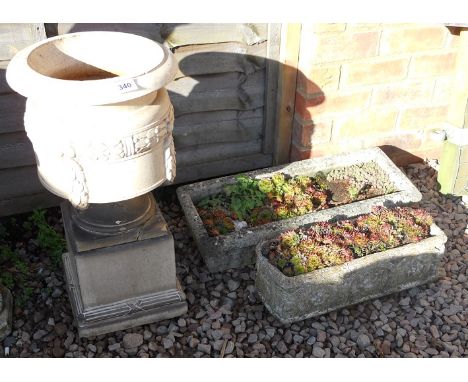 2 stone troughs and ceramic pot on stand A/F