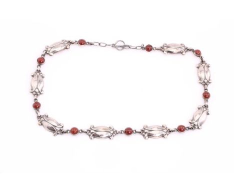 Georg Jensen - 'Seed and Pod' necklace with carnelian, with silver flower bud links alternating with round carnelian cabochon