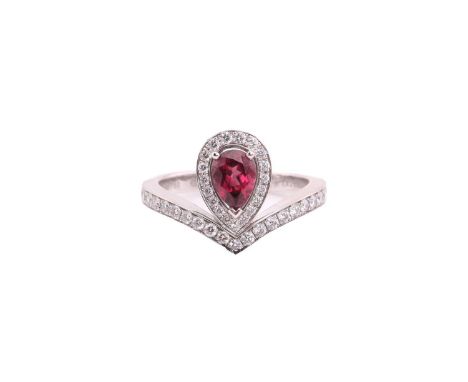 A Chaumet 'Joséphin Aigrette' ring, consisting of a pear-cut rhodolite garnet measuring 7.7 x 5.0 mm, corner claw set to the 