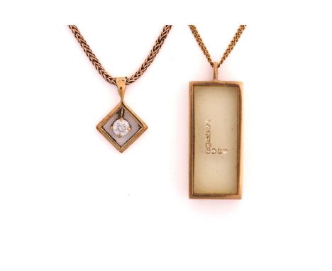 Two pendant necklaces, one consisting of 'floating' gemstones in a transparent rectangular prism forming initial 'L', in a 18