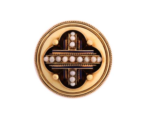 An Etruscan revival gold brooch, consisting of a cross motif in the centre, pavé set with seed pearls on a blue enamel border