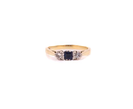 A sapphire and diamond ring, consisting of a square table-cut sapphire with dark blue body colour, approximately measuring 3.