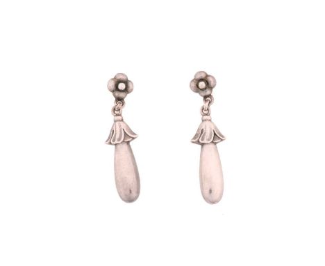 Georg Jensen - A pair of drop earrings, with foliate details, peg and butterfly fittings, No.12, with maker's mark, stamped s
