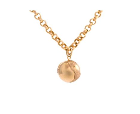 A yellow precious metal pendant and chain, comprises a globe pendant with sandblasted details, the sphere approximately measu