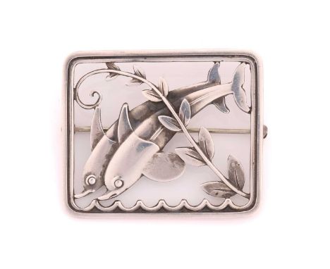 Georg Jensen - silver two dolphins diving brooch No.251, designed by Arno Malinowski, overall dimensions 39x33mm with pin bac