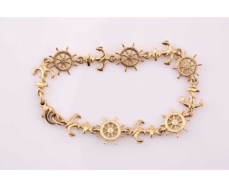 A bracelet with nautical motifs links, with lobster clasp closure, in a yellow metal stamped '14K', approximately measuring 1
