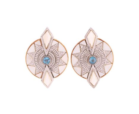 A pair of Erté 'Le Soleil' earrings, each comprises round blue topaz in the centre, diamonds and mother of pearl inlays in bi