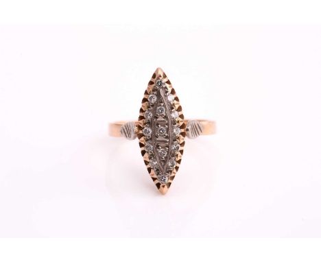 A diamond-set marquise panel ring, with round brilliant cut diamonds bead and bright set on a marquise bi-coloured precious m