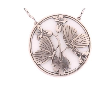 Georg Jensen - a round necklace, pendant depicting two butterflies resting upon bellflowers, attached to a cable chain and to