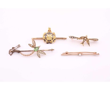 A lot consisting of four bar brooches, a brooch with an enamelled insignia of The King's Own Scottish Borderers, soldered to 