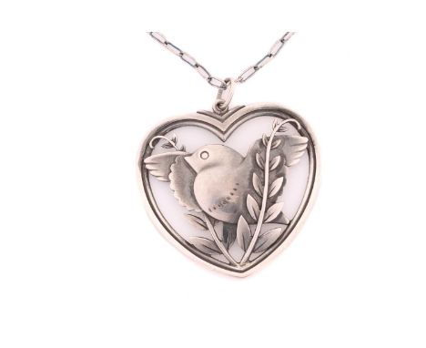 Georg Jensen - a heart-shaped necklace, pendant depicting a flying dove with olive branches, to a 53 cm cable chain and a tog