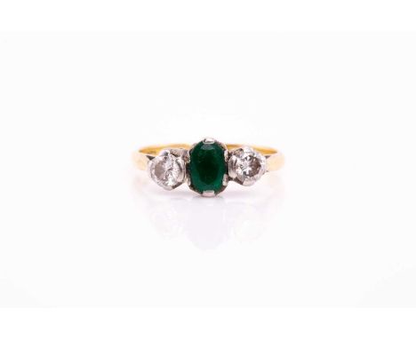 An emerald and diamond half hoop ring; the oval cut emerald and round brilliant cut diamonds in claw mounts to a plain shank 