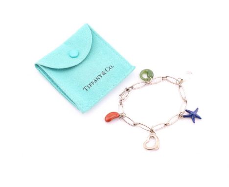 A Tiffany &amp; Co Elsa Peretti Five-charm bracelet, consisting of a red jasper Bean, sterling silver Open Heart, rock crysta