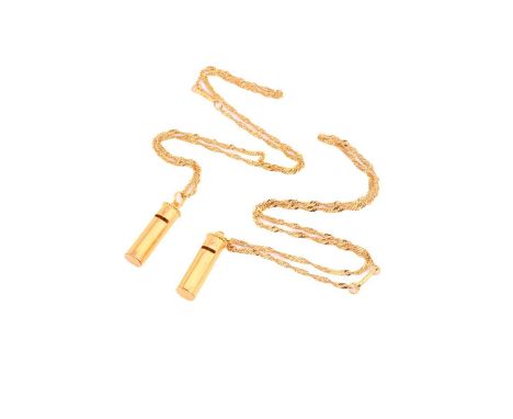 Two pendants on yellow precious metal chains, each consisting of an oval hollow cylinder pendant with a flat opening, connect