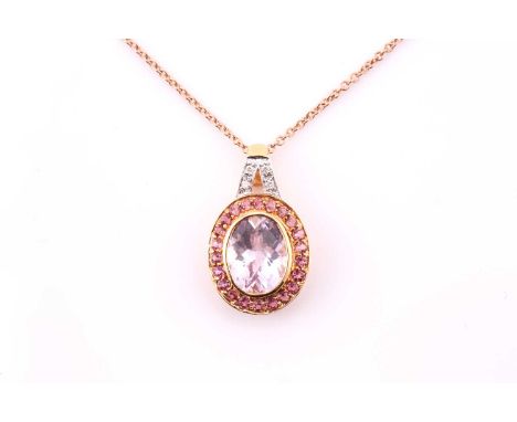 A Kunzite and diamond cluster pendant, in 18ct rose gold, modern assay marks, to a 9ct rose gold trace link chain, pendant 2.