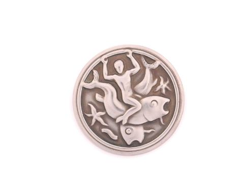 Georg Jensen - silver merman and fish brooch No285, designed by Arno Malinowski, overall dimensions 41mm with pin back, stamp