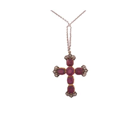 A garnet and diamond cross pendant on chain, consisting of five various sized reddish-purple octagon-shaped step-cut garnets,