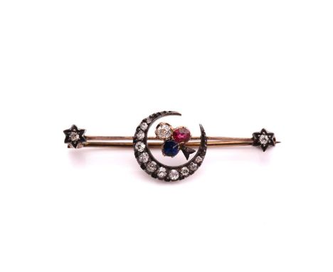 A Victorian gem-set bar brooch, consisting of a trefoil motif in the centre claw-set with an old-cut ruby, a sapphire and a d