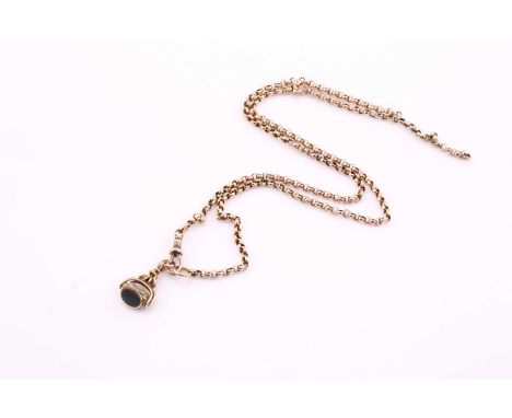 A belcher link watch chain, with a swivel seal fob, the clasp marked 9c, overall 63cm longthe chain is broken and shows some 