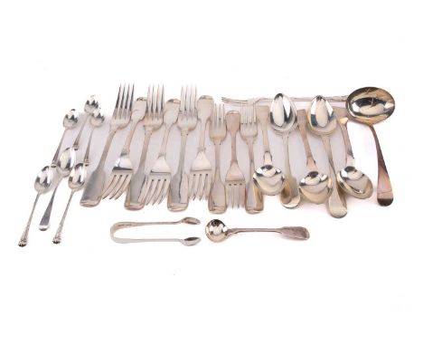 A matched set of six Victorian fiddle pattern silver forks and other silver flatware. A mixed collection. 30. ozt gross weigh