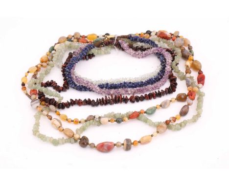 Assorted bead necklaces from semi-precious stones, a string of kumihimo braided sodalite chip beads, approximately measuring 