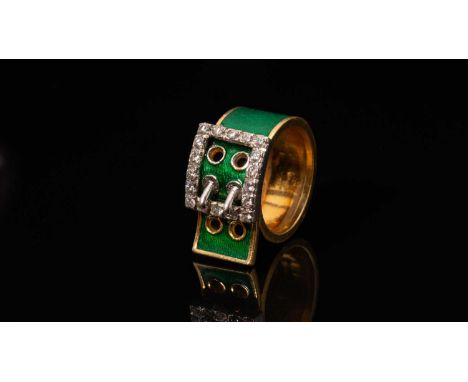 A Kutchinsky enamel and diamond-set belt buckle ring, consisting of eighteen round brilliant diamonds of estimated total cara