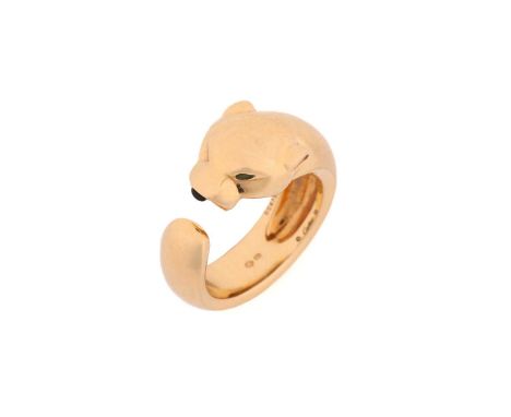 A Cartier 'Panthère de Cartier' 18ct yellow gold ring, with a sculpture of the Cartier signature panther head, set with Tsavo