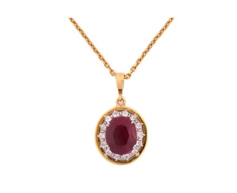 A ruby entourage converted pendant on chain, consisting of an oval natural ruby approximately measuring 13.4 x 10.8 mm, encir