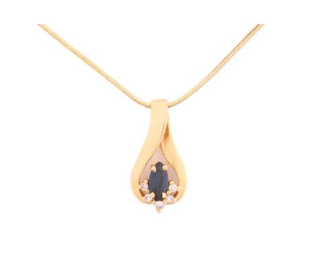 A sapphire and diamond pendant on chain, consisting of a marquise-shaped sapphire with deep body colour, claw set on a mount 