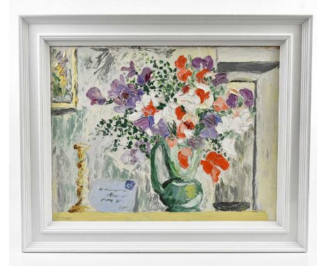† HARRY OUSEY (1915-1985); oil on board, 'The Flowers on the Mantel Shelf', signed, with artist's address and date of 1947 ve