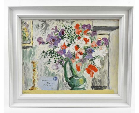 † HARRY OUSEY (1915-1985); oil on board, 'The Flowers on the Mantel Shelf', signed, with artist's address and date of 1947 ve