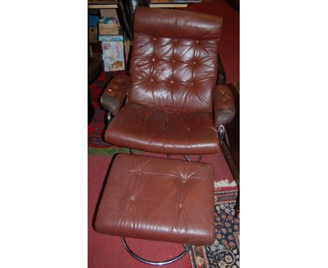 A 1960s Danish tubular chrome framed and tan button upholstered swivel open armchair, together with matching foot stool (2)
