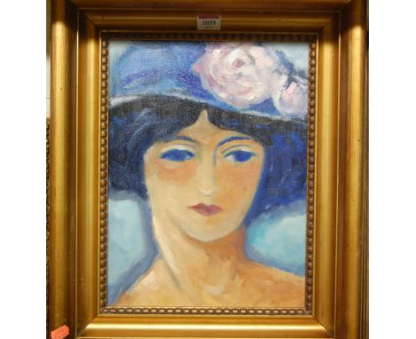 A late 20th century school portrait study oil on board annotated verso, Gallerie Eponyme, Marsilglas, 36x27cm