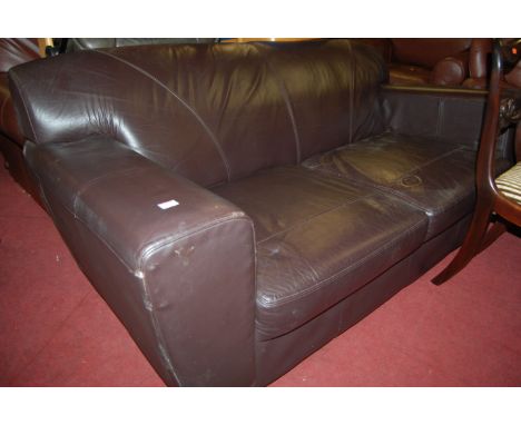 A contemporary chocolate brown leather three seater sofa