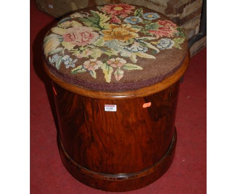 A Victorian figured walnut and tapestry upholstered hinged top commode stool
