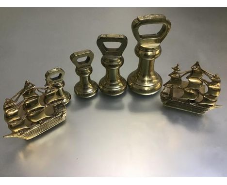 A set of four W&amp;T Avery Ltd. 19thc brass kitchen scales including 7lb, 4lb, 2lb and 1lb and a pair of galleon style brass
