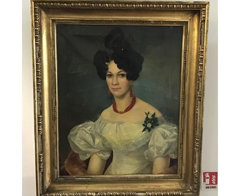 An early Victorian portrait of a Young Lady with Pink Coral Necklace, unsigned (59cm x60cm)