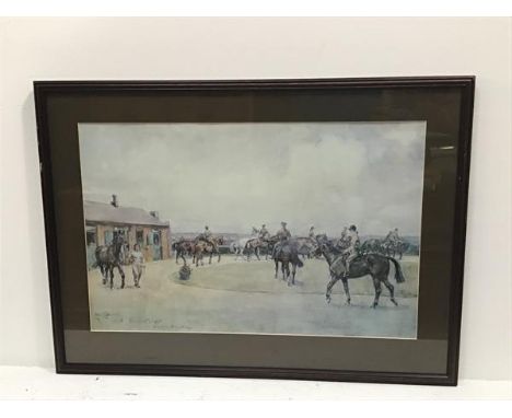 Lionel Edwards, Regimental Depot, Melton Mowbray, print, signed on reverse by regimental figures, in double sided glazed fram